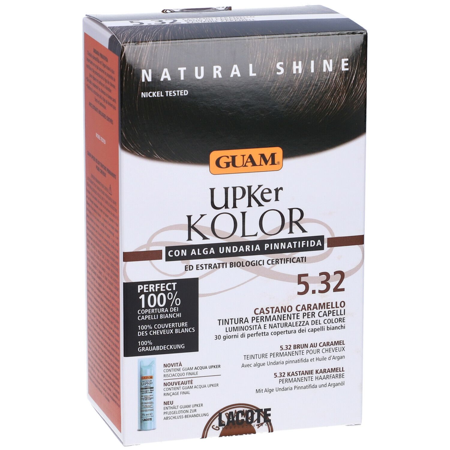 Scatola GUAM Upker Kolor 5.32 Caramello. Contiene testo, nome prodotto, tonalità e logo.