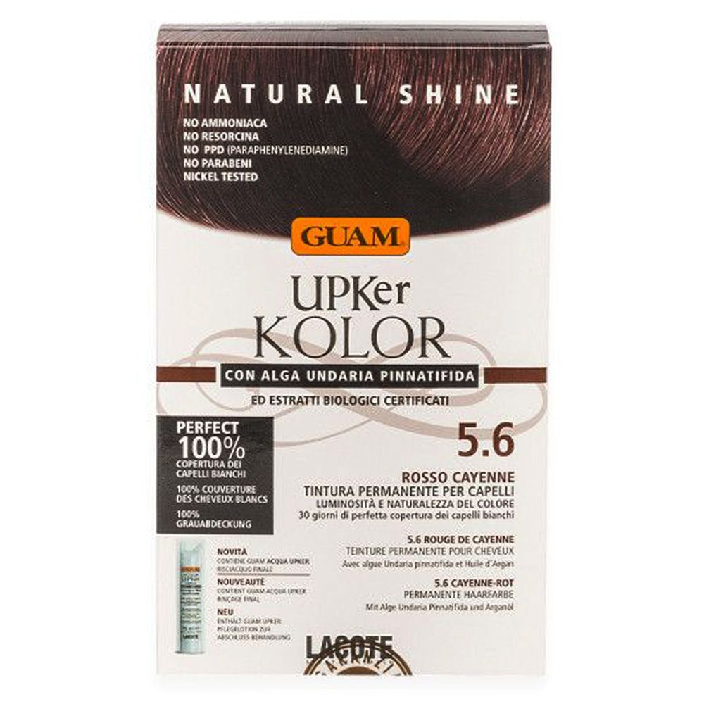 GUAM Upker Kolor 5.6 Rosso Cayenne. Tinta per capelli in confezione. Copertura 100% dei capelli bianchi.