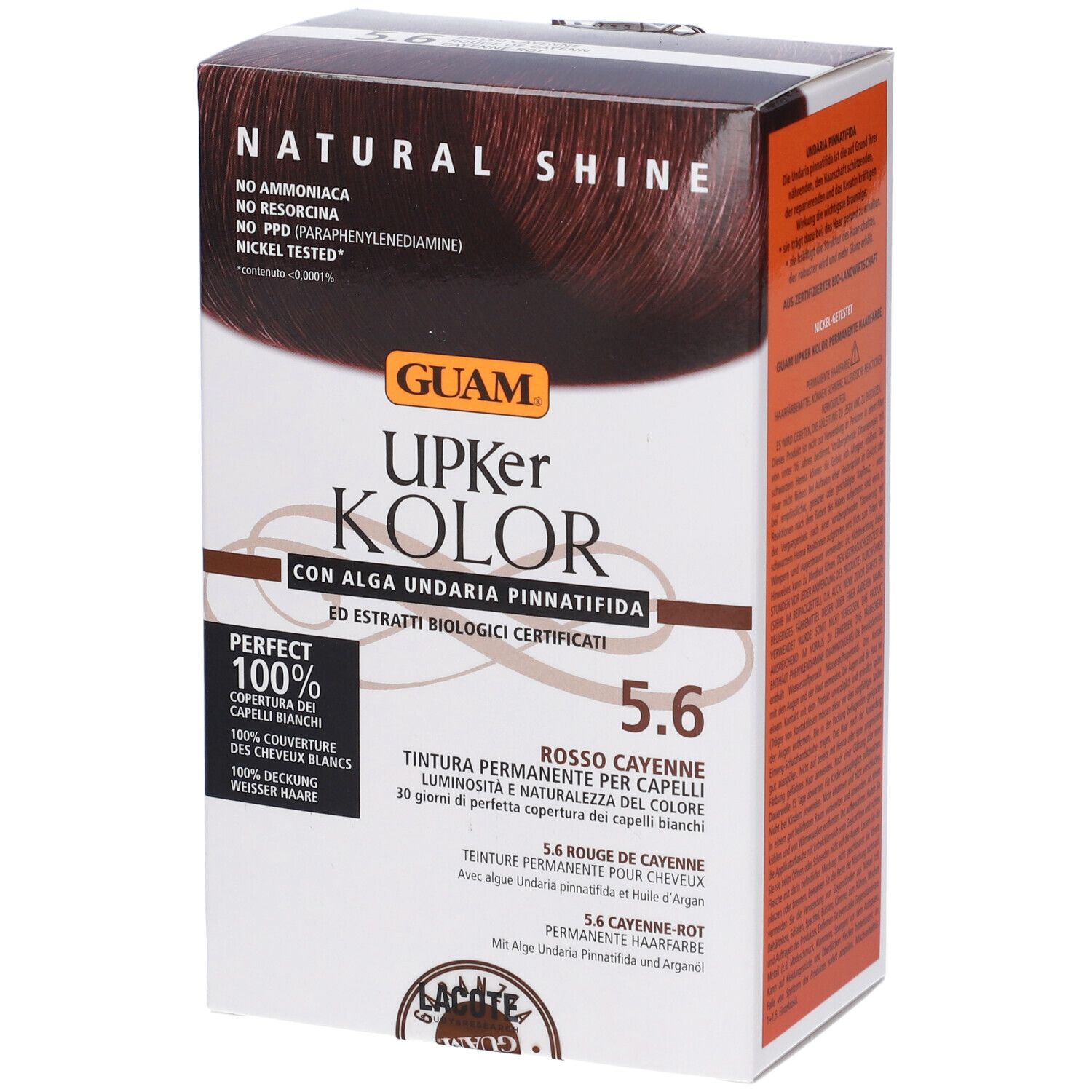 GUAM Upker Kolor 5.6 Rosso Cayenne. Tinta per capelli in confezione. Copertura 100% dei capelli bianchi.