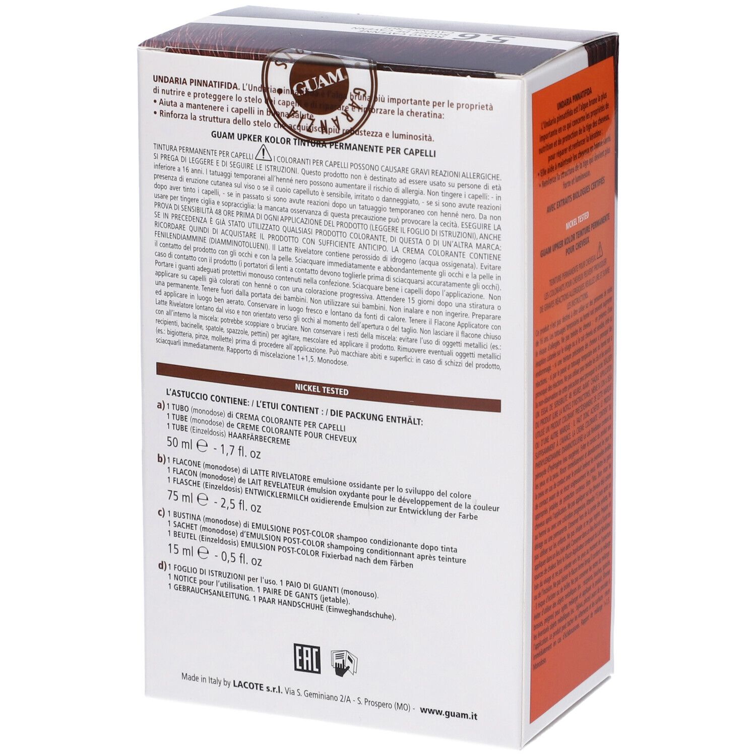 GUAM Upker Kolor 5.6 Rosso Cayenne. Scatola con informazioni prodotto. Contiene ingredienti e istruzioni.