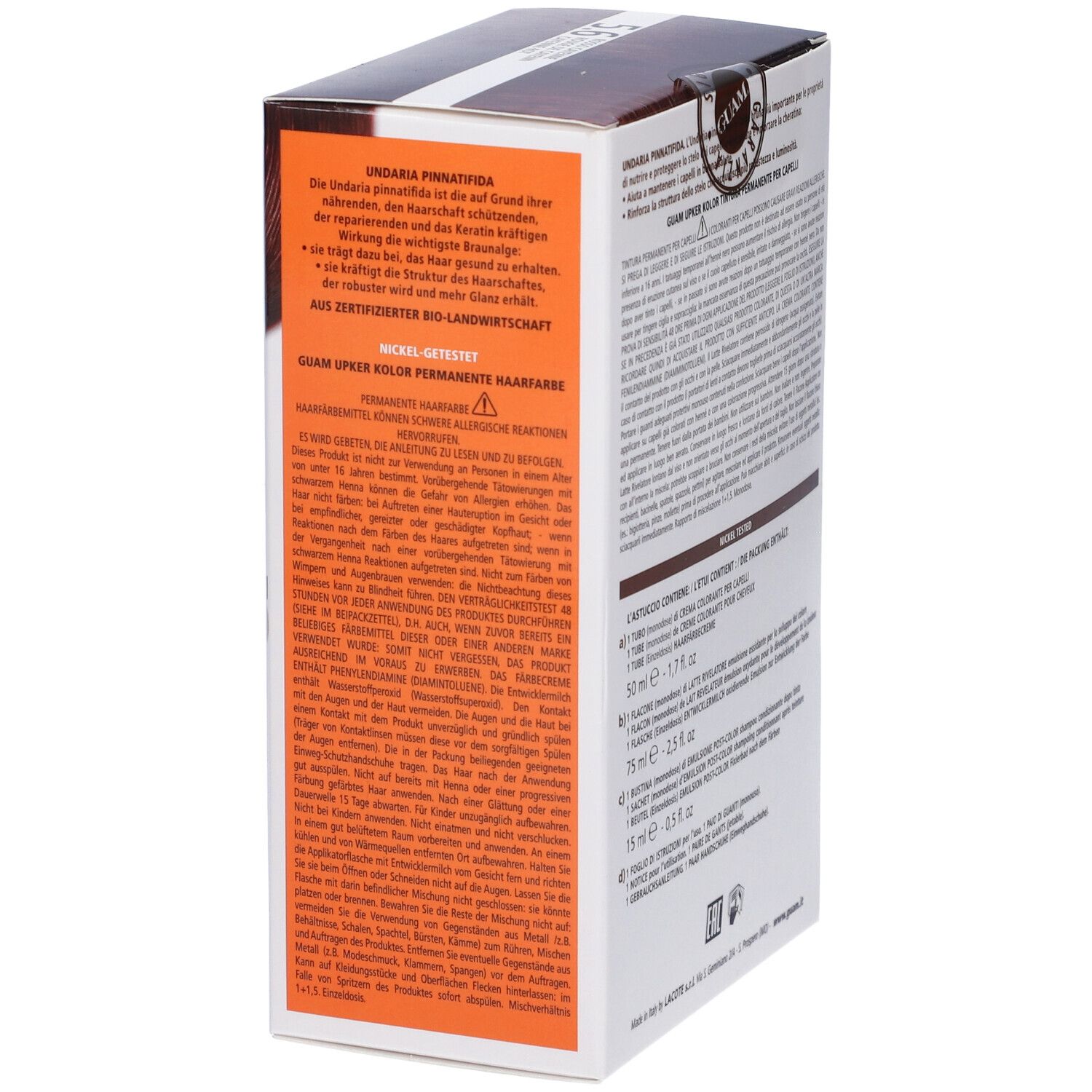GUAM Upker Kolor 5.6 Rosso Cayenne. Scatola con informazioni prodotto. Contiene ingredienti e istruzioni.