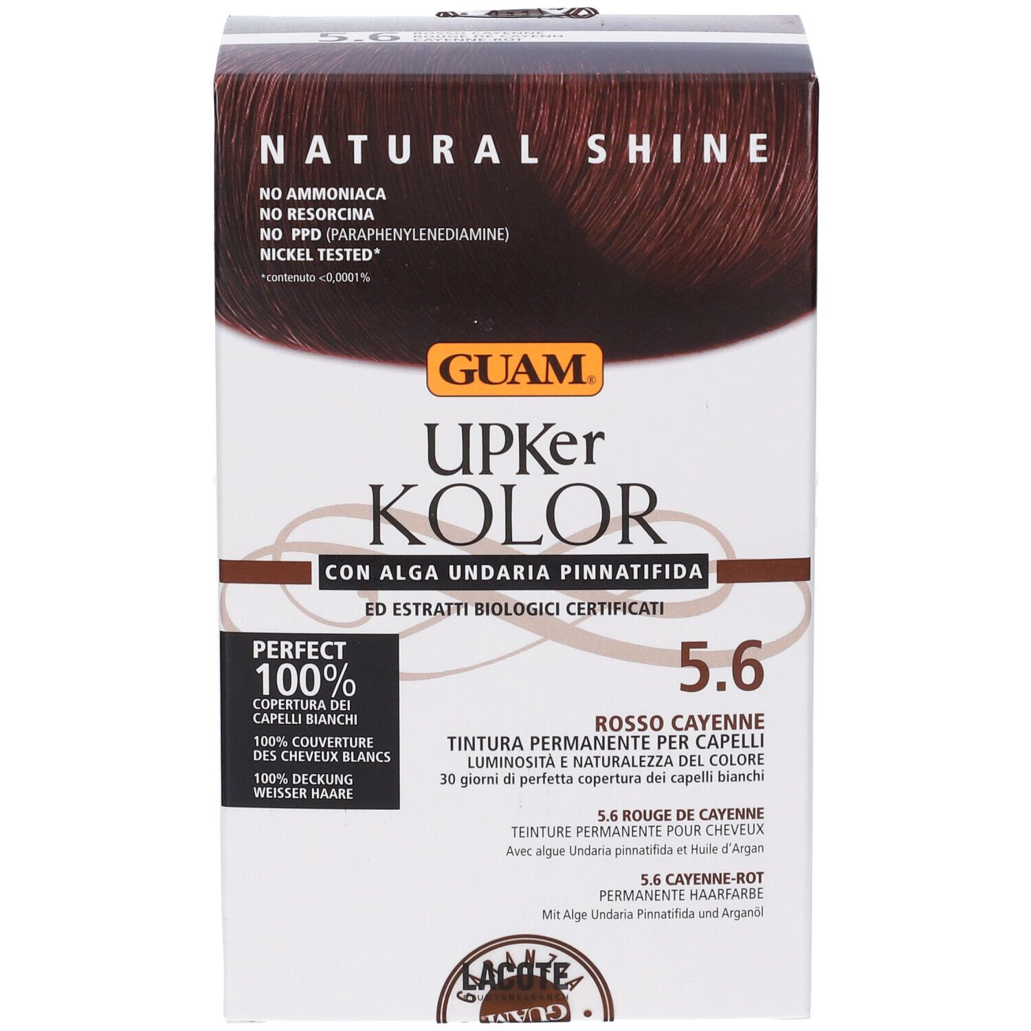 GUAM Upker Kolor 5.6 Rosso Cayenne. Tinta per capelli in confezione. Copertura 100% dei capelli bianchi.