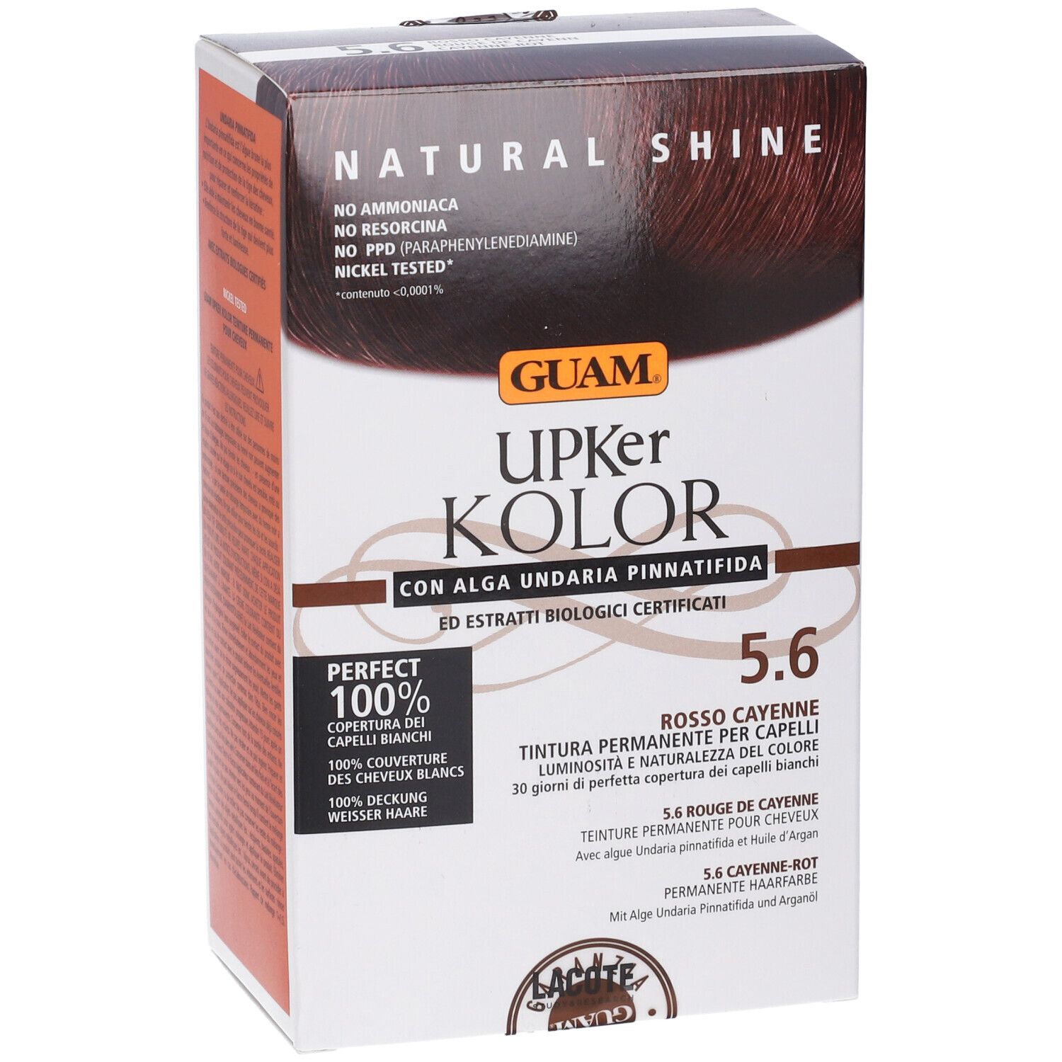 GUAM Upker Kolor 5.6 Rosso Cayenne. Tinta per capelli in confezione. Copertura 100% dei capelli bianchi.