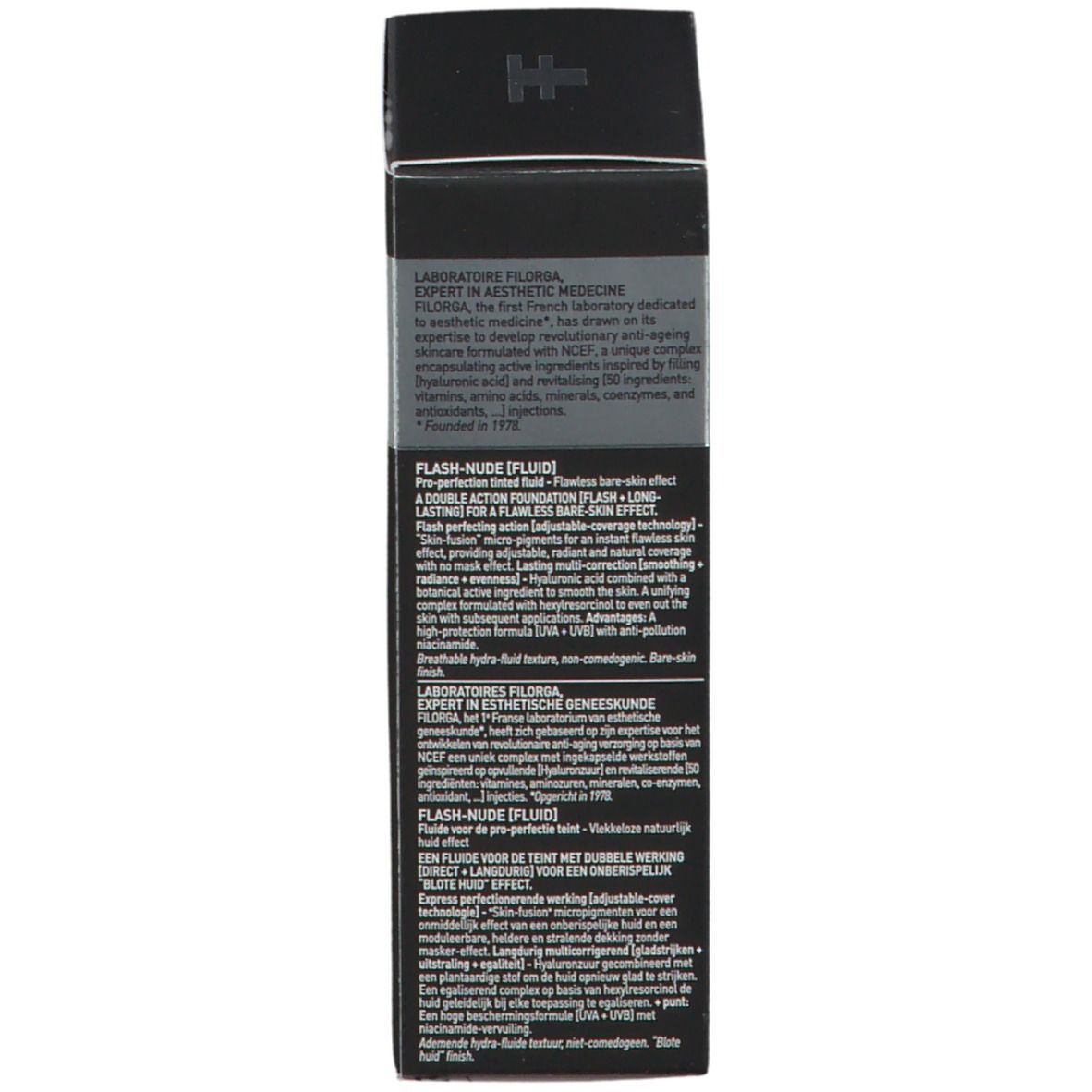Scatola nera con informazioni sul prodotto. Testo multilingue. Scritta: FLASH-NUDE [FLUID].