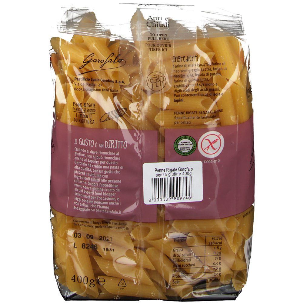 Rückseite der Penne Rigate Verpackung. Aufdruck: Garofalo, Penne Rigate Senza Glutine, 400g. Glutenfrei-Symbol.