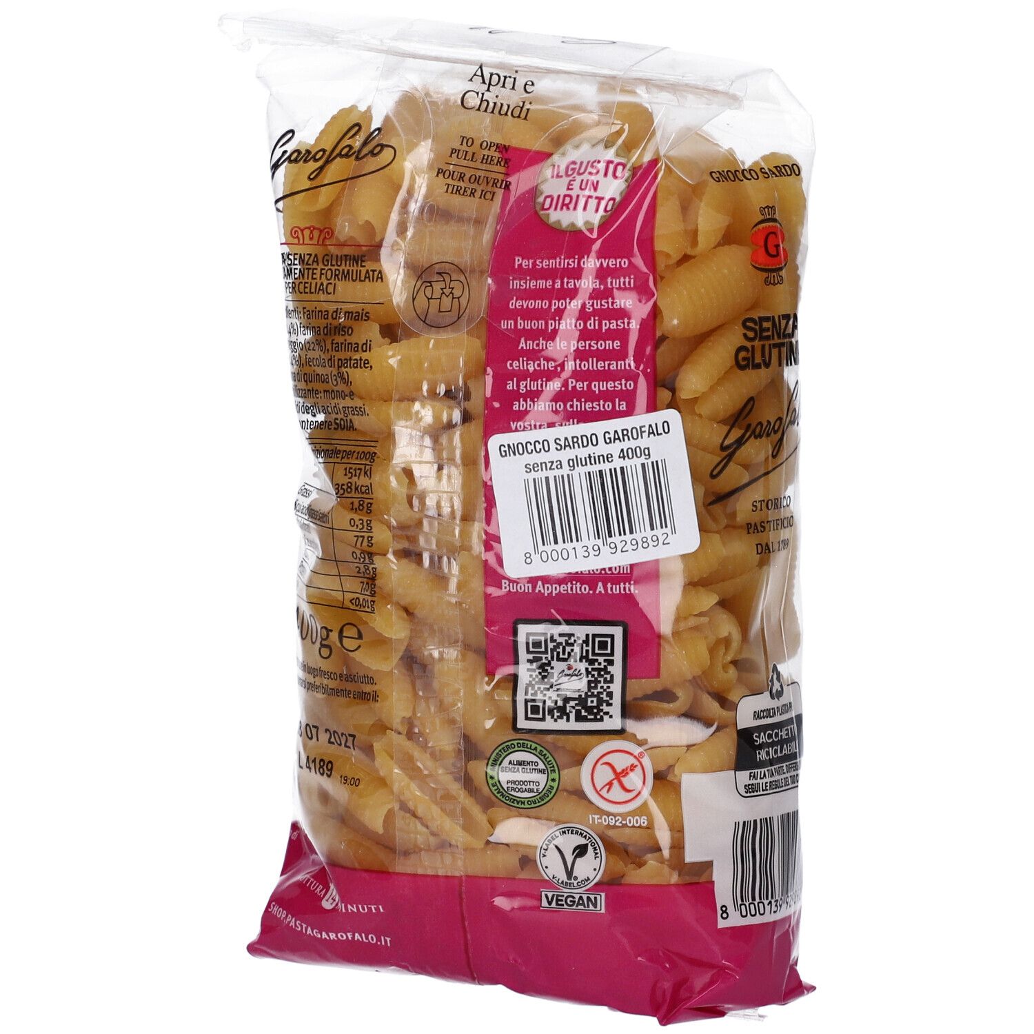 Rückseite der Verpackung von Garofalo Gnocco Sardo Senza Glutine. Text und Nährwertangaben. Aufschrift: Senza Glutine, 400g.