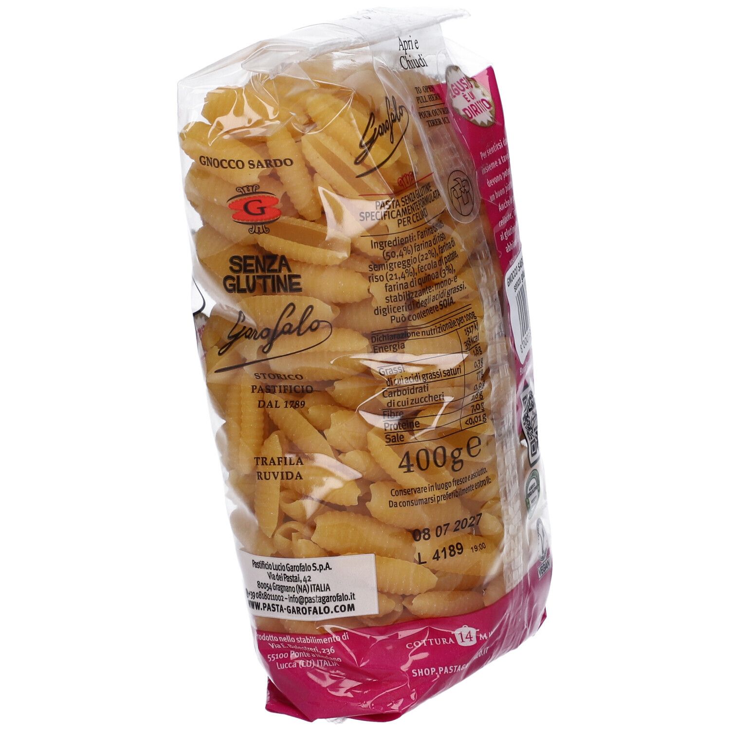 Klare Plastiktüte mit Garofalo Gnocco Sardo Senza Glutine. Gelbe Nudeln. Aufschrift: Senza Glutine, 400g. Mindesthaltbarkeitsdatum.