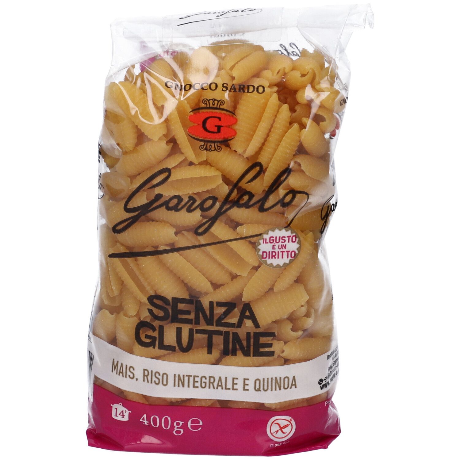 Klare Plastiktüte mit Garofalo Gnocco Sardo Senza Glutine. Gelbe Nudeln. Aufschrift: Senza Glutine, Mais, Riso Integrale e Quinoa, 400g.