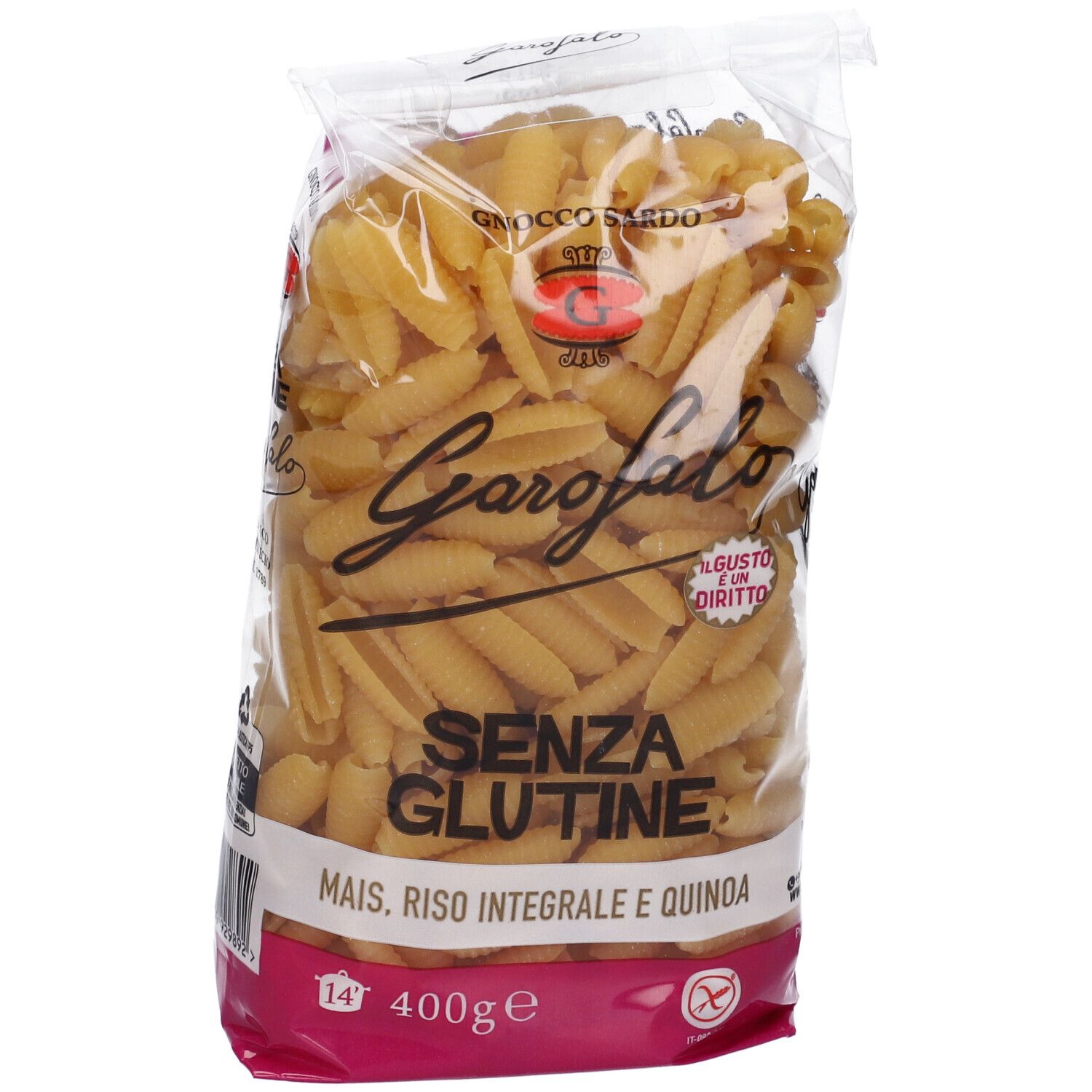 Klare Plastiktüte mit Garofalo Gnocco Sardo Senza Glutine. Gelbe Nudeln. Aufschrift: Senza Glutine, Mais, Riso Integrale e Quinoa, 400g.