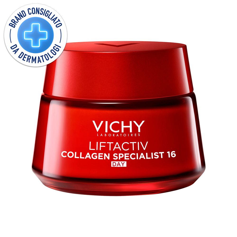 Vaso rosso. Scritta: VICHY LIFTACTIV Collagen Specialist 16 Day. Logo: Brand Consigliato da Dermatologi.