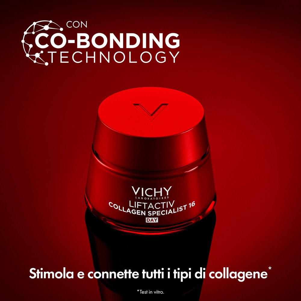 Vaso rosso. Testo: VICHY LIFTACTIV Collagen Specialist 16 Day. Testo: Stimola e connette tutti i tipi di collagene.