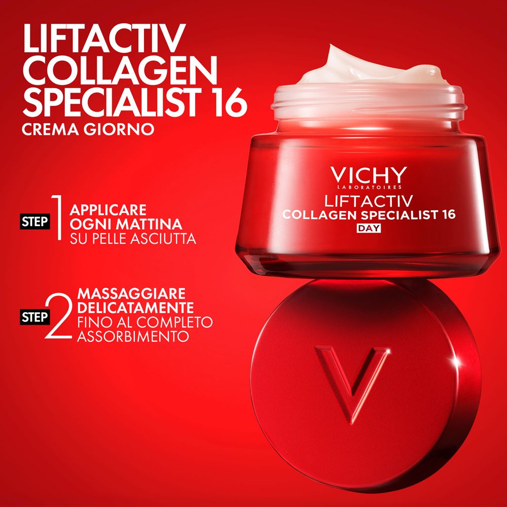Vaso di crema e crema. Testo: VICHY LIFTACTIV Collagen Specialist 16 Day. Passaggi di utilizzo.