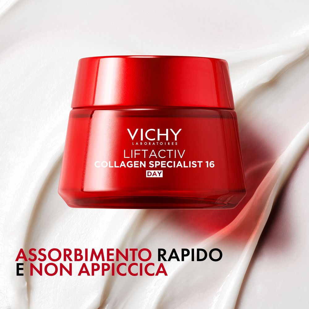 Vaso rosso. Testo: VICHY LIFTACTIV Collagen Specialist 16 Day. Testo: Assorbimento rapido e non appiccica.