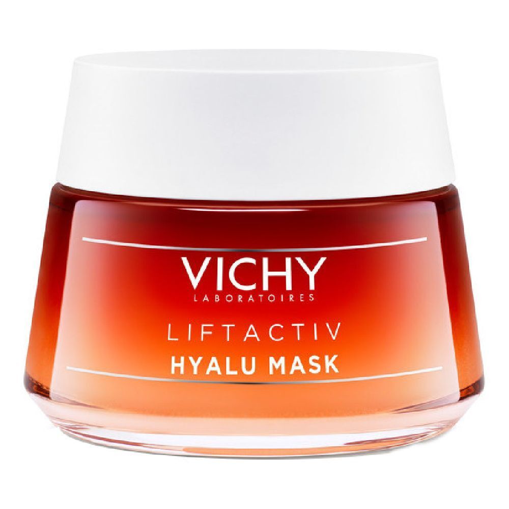 Vaso rotondo trasparente con coperchio bianco. Scritta: VICHY, LIFTACTIV, HYALU MASK.