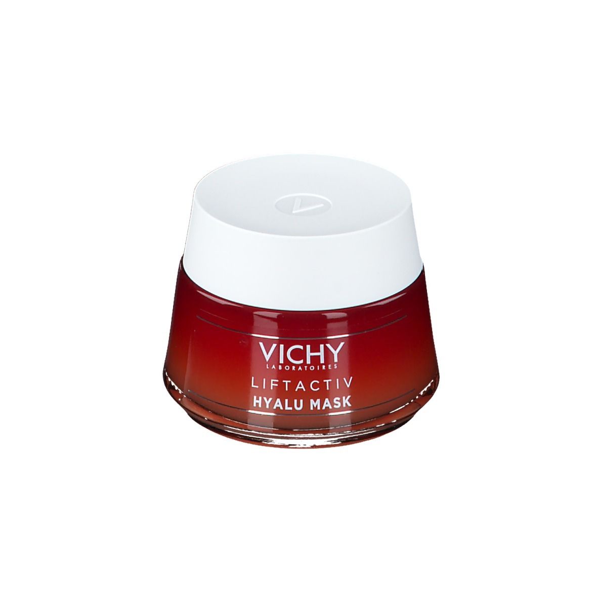 Vaso rotondo trasparente con coperchio bianco. Scritta: VICHY, LIFTACTIV, HYALU MASK.