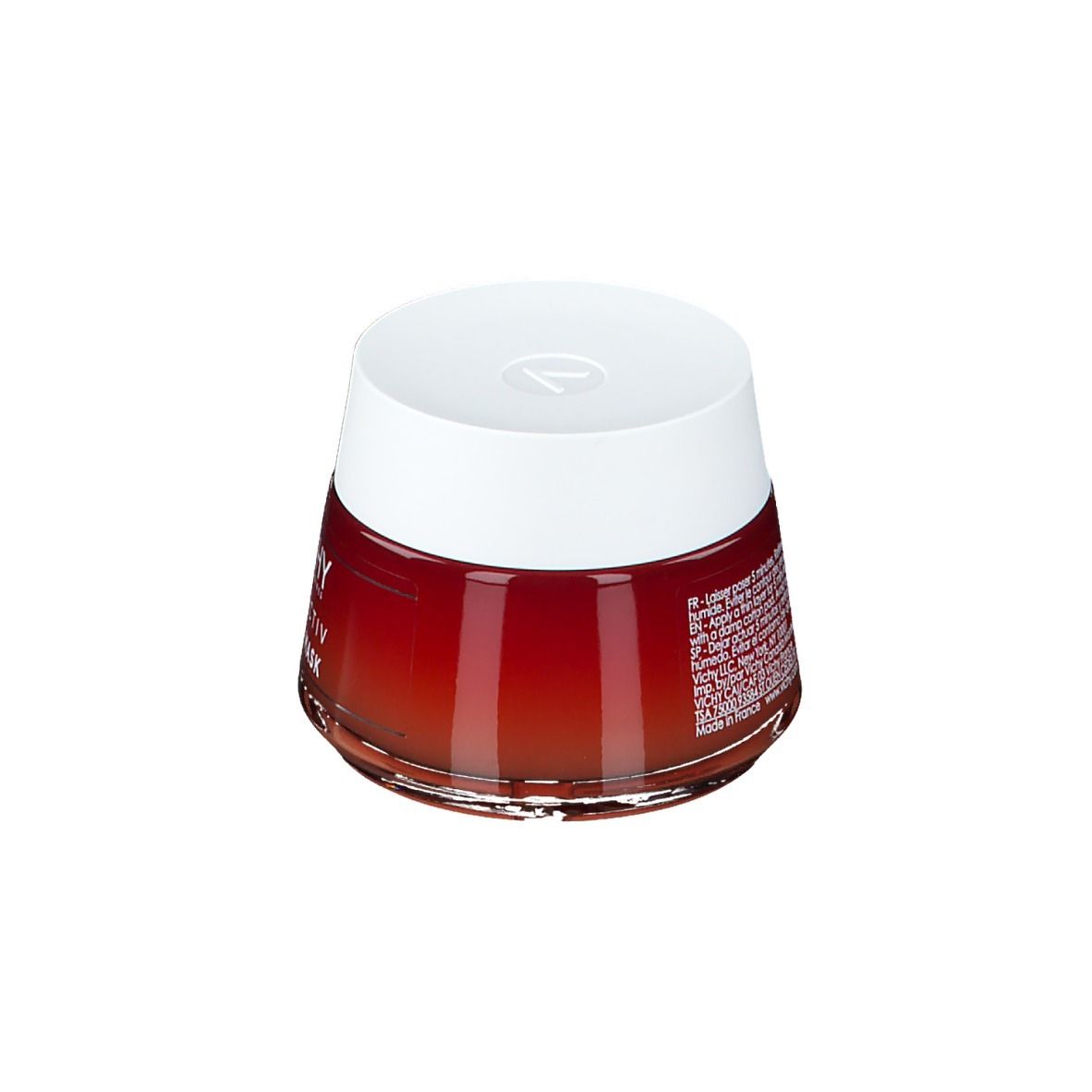 Vaso rotondo trasparente con coperchio bianco. Scritta: VICHY, LIFTACTIV, HYALU MASK. Retro con testo.