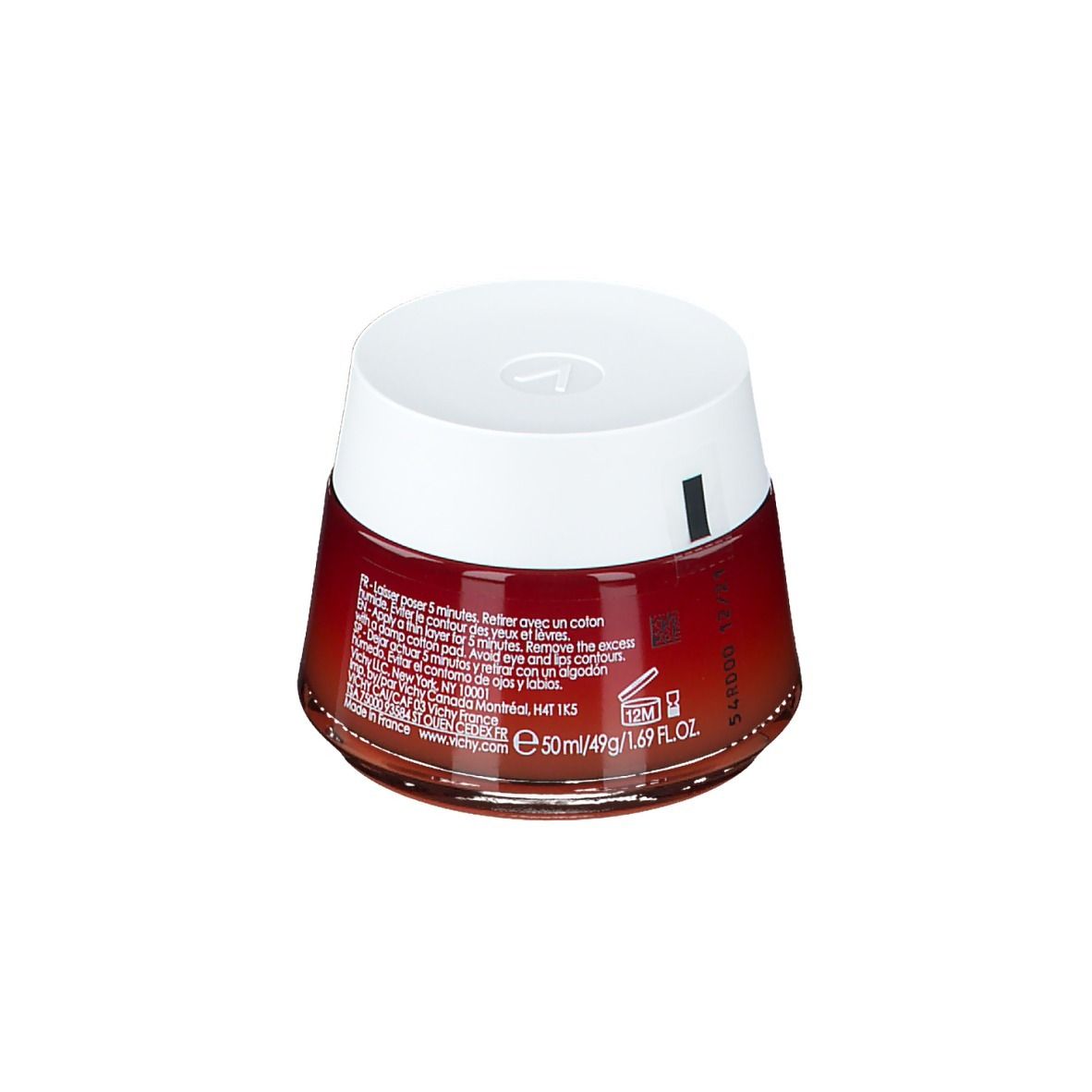 Vaso rotondo trasparente con coperchio bianco. Scritta: VICHY, LIFTACTIV, HYALU MASK. Retro con testo.