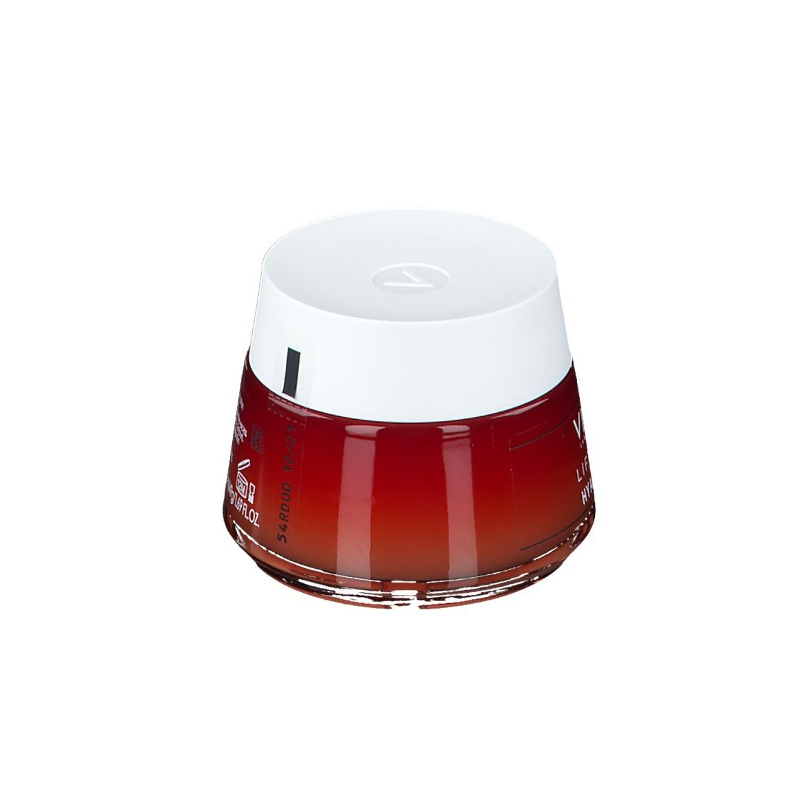 Vaso rotondo trasparente con coperchio bianco. Scritta: VICHY, LIFTACTIV, HYALU MASK. Retro con testo.