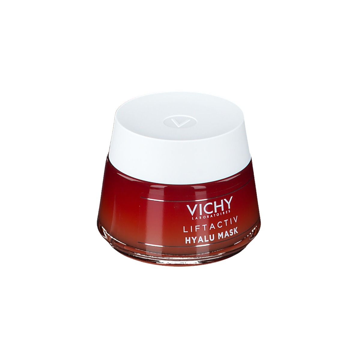 Vaso rotondo trasparente con coperchio bianco. Scritta: VICHY, LIFTACTIV, HYALU MASK.