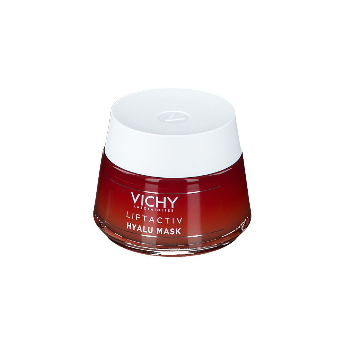Vaso rotondo trasparente con coperchio bianco. Scritta: VICHY, LIFTACTIV, HYALU MASK.
