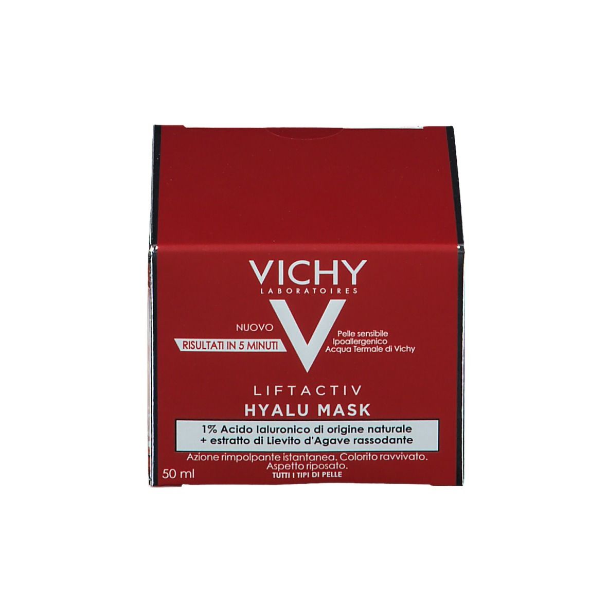 Prodotto con confezione. Scatola con vaso. Scritta: VICHY, LIFTACTIV, HYALU MASK.
