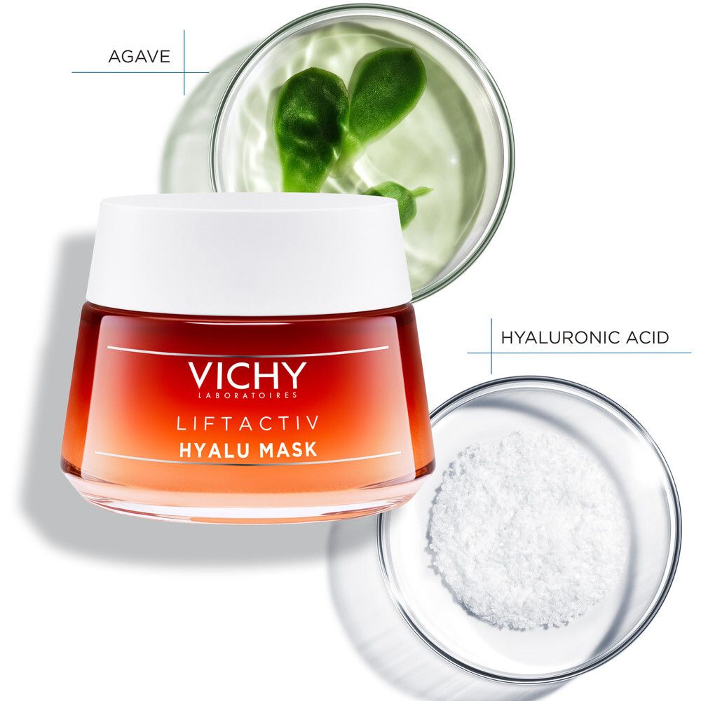 Prodotto con ingredienti. Vaso con coperchio bianco. Scritta: VICHY, LIFTACTIV, HYALU MASK. Agave e acido ialuronico.