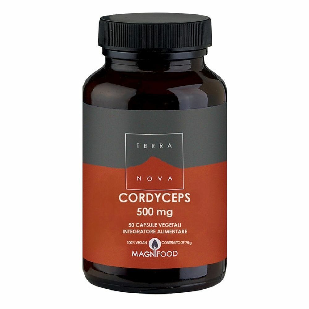 Flacone di vetro marrone con tappo nero. Etichetta "Cordyceps 500 mg" e "50 Capsule vegetali".
