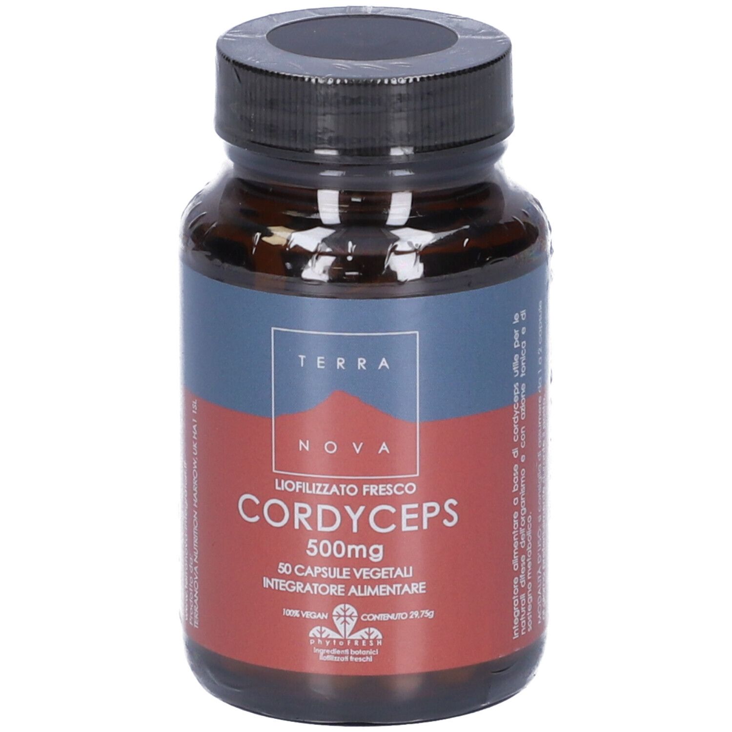 Flacone di vetro marrone con tappo nero, avvolto in plastica. Etichetta "Cordyceps 500 mg".