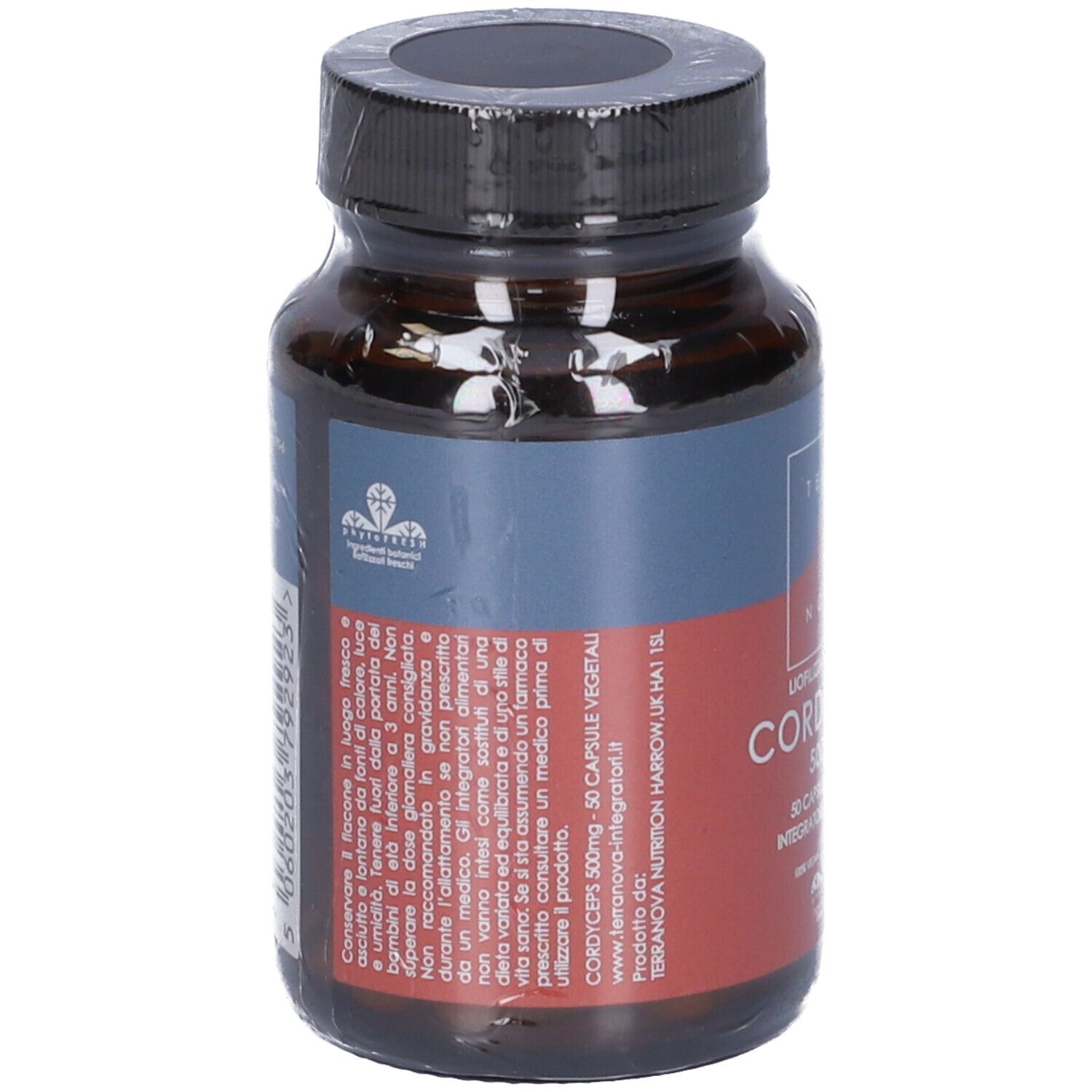 Flacone di vetro marrone con tappo nero, avvolto in plastica. Etichetta "Cordyceps 500 mg".