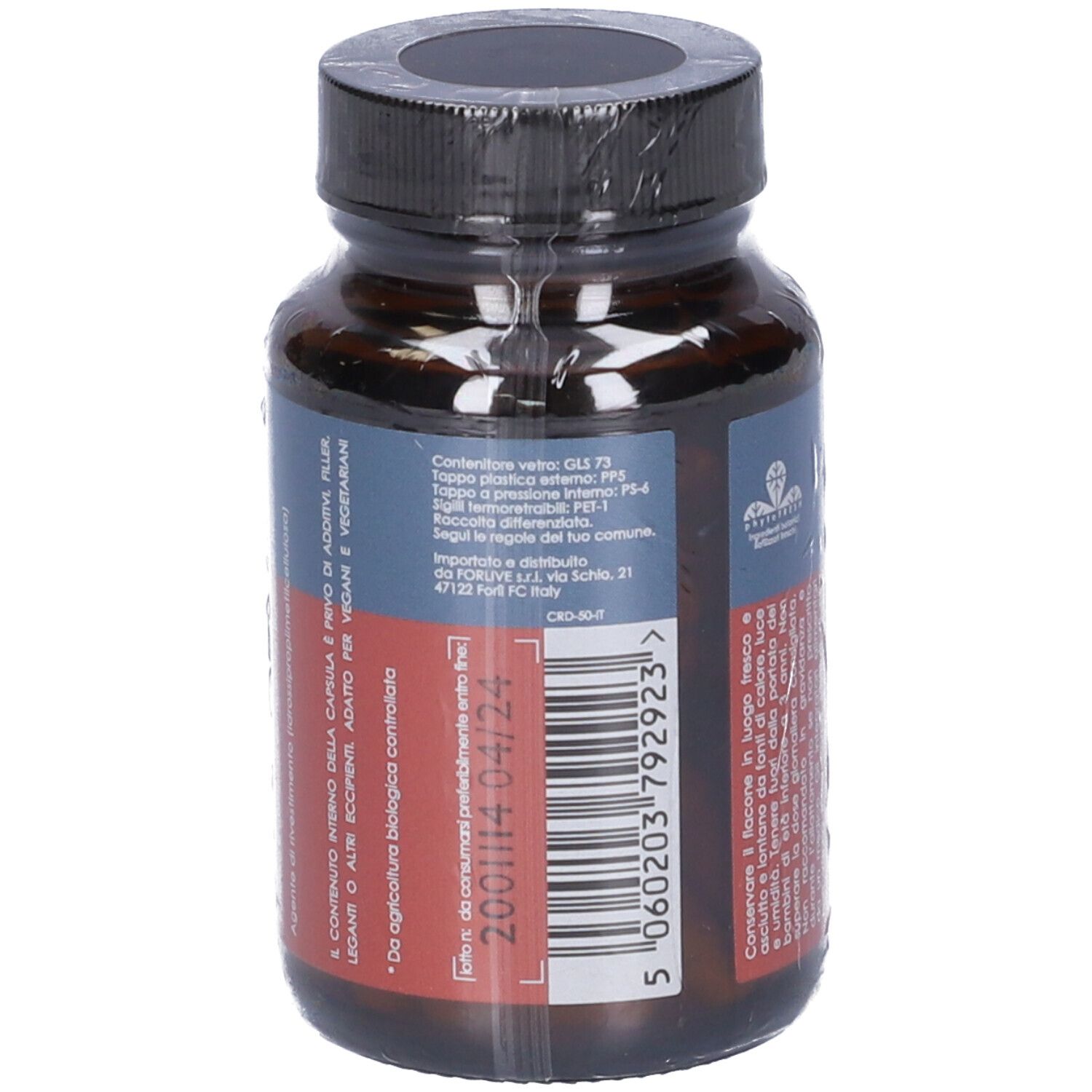 Flacone di vetro marrone con tappo nero, avvolto in plastica. Etichetta "Cordyceps 500 mg".
