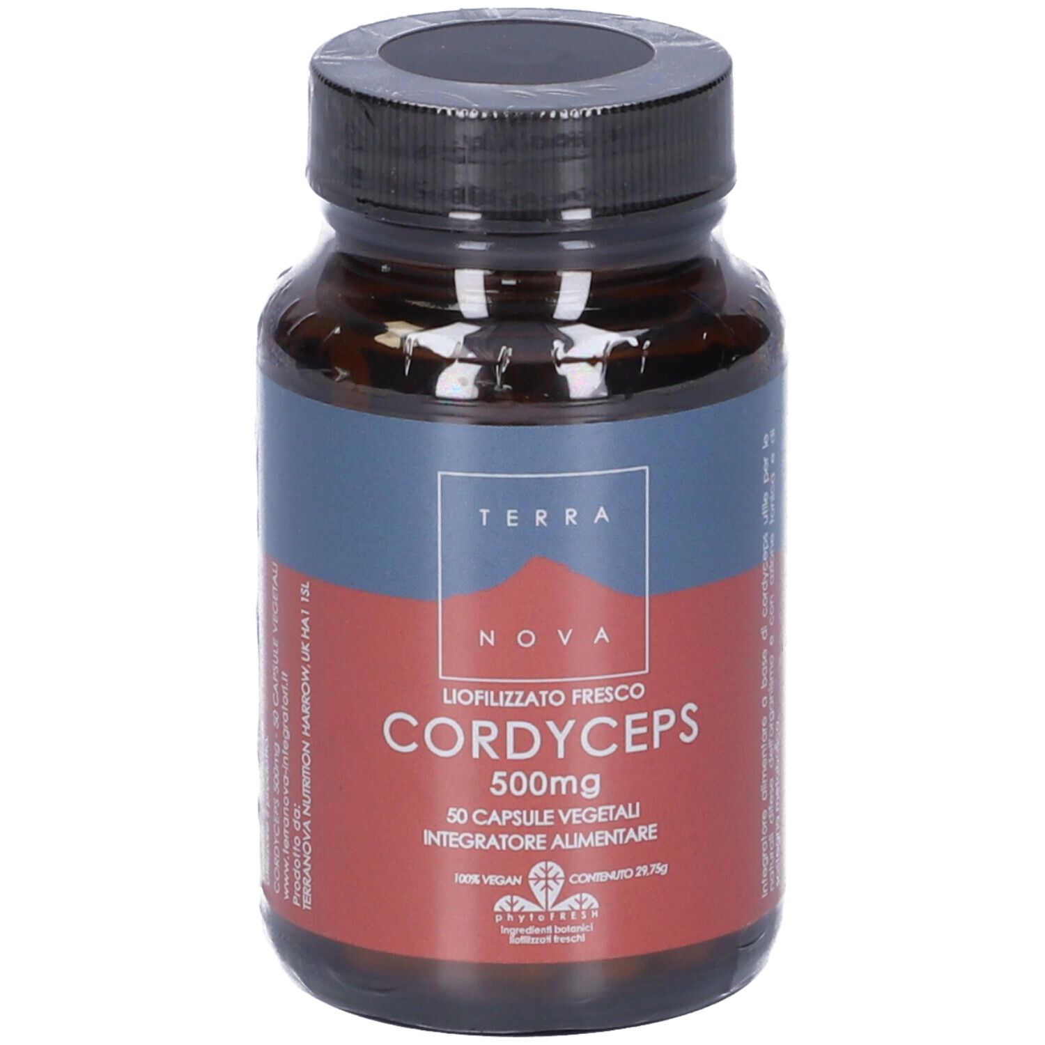 Flacone di vetro marrone con tappo nero, avvolto in plastica. Etichetta "Cordyceps 500 mg".
