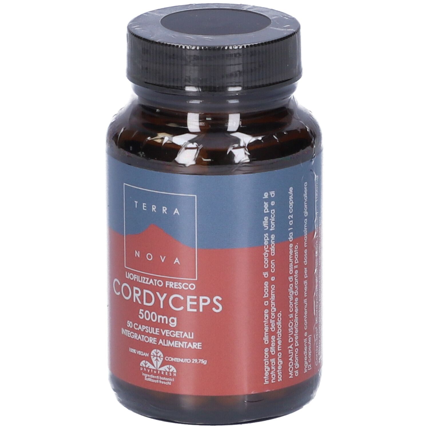 Flacone di vetro marrone con tappo nero, avvolto in plastica. Etichetta "Cordyceps 500 mg".