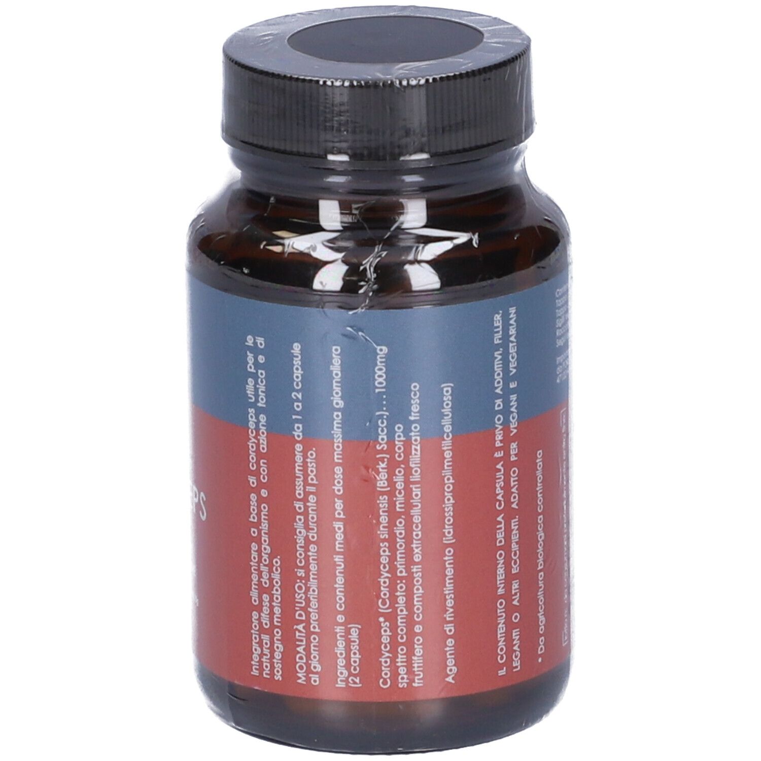 Flacone di vetro marrone con tappo nero, avvolto in plastica. Etichetta "Cordyceps 500 mg".