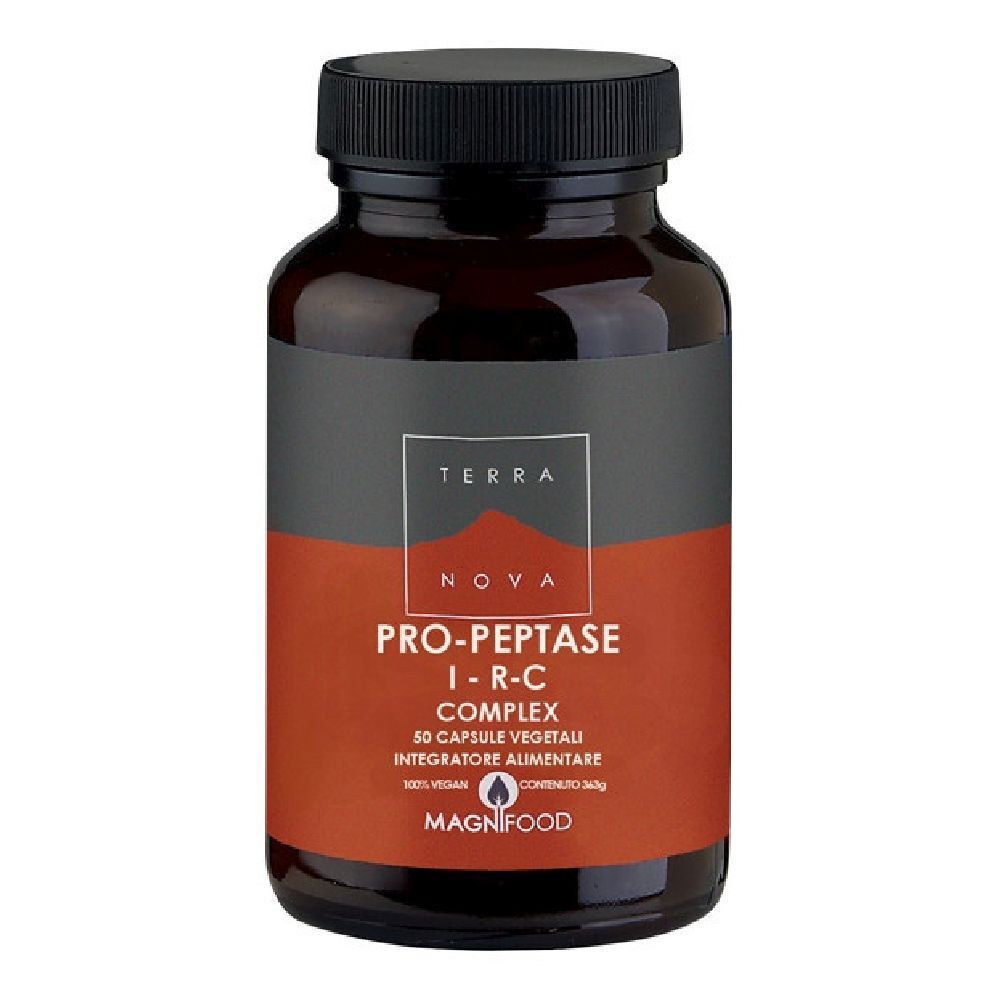 Flacone marrone con tappo nero. Etichetta con nome prodotto e logo. 50 capsule, vegane.