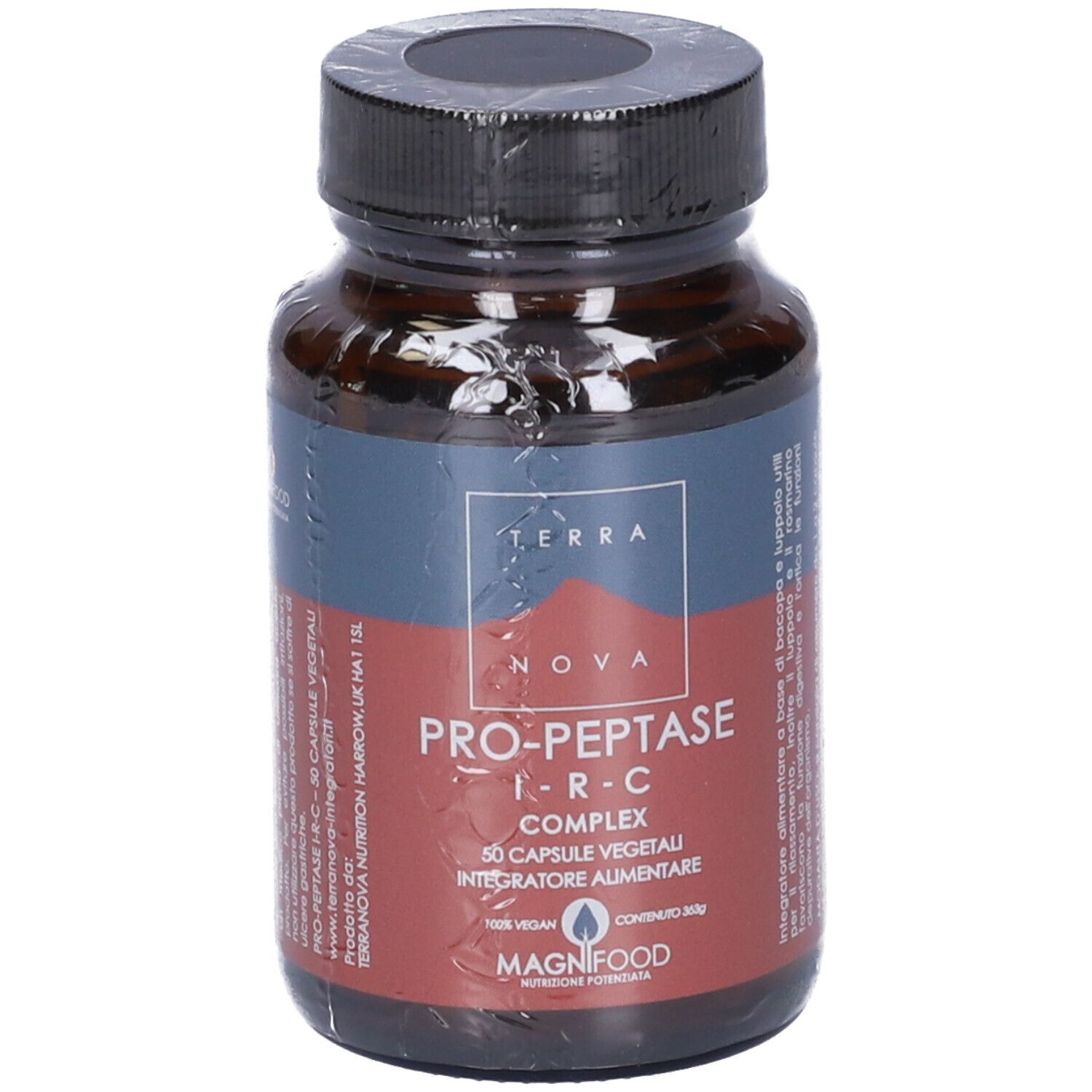 Flacone marrone con tappo nero, confezionato. Etichetta con nome prodotto e logo. 50 capsule.
