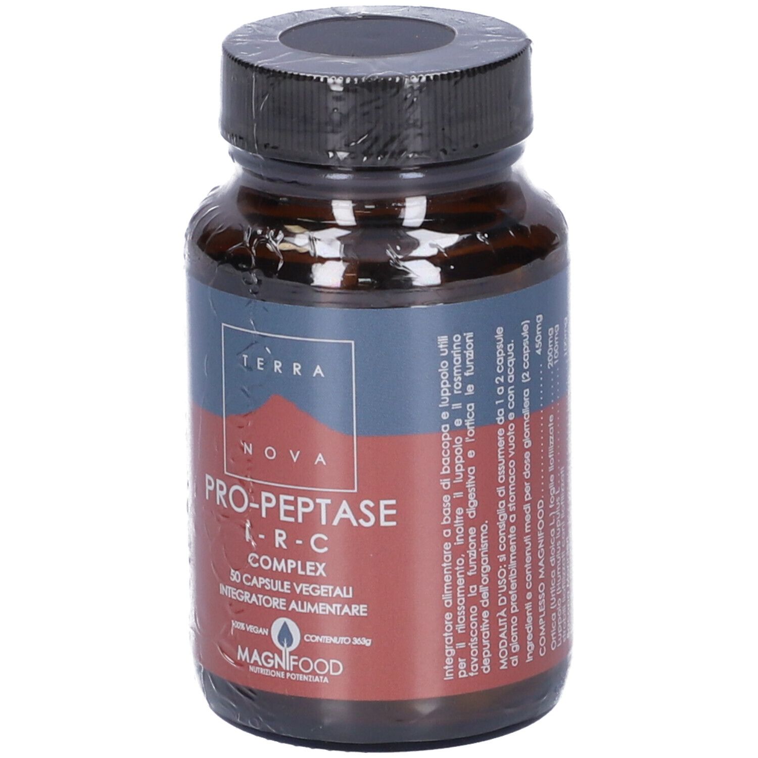 Flacone marrone con tappo nero, confezionato. Etichetta con nome prodotto e logo. 30 capsule.