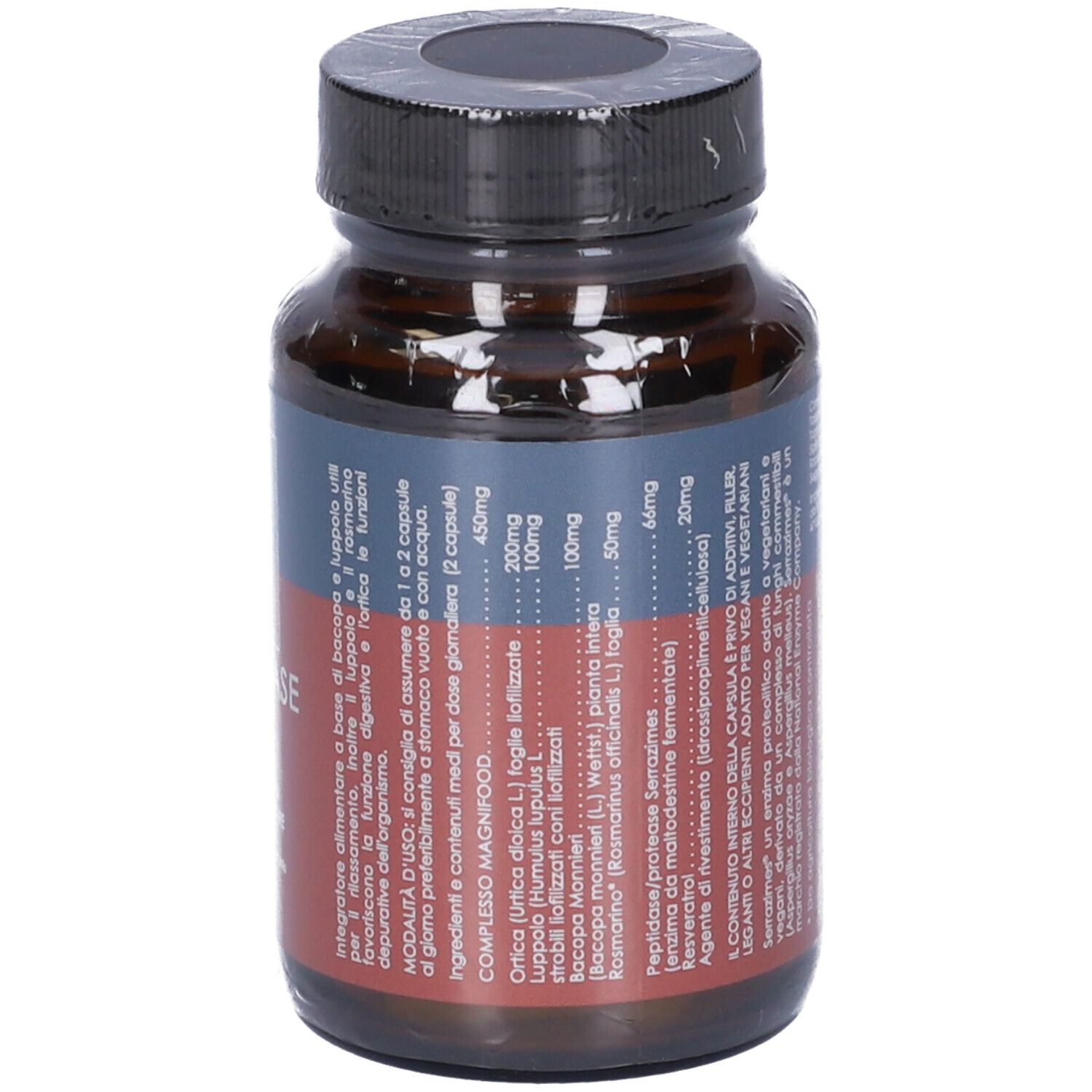Flacone marrone con tappo nero, confezionato. Etichetta con ingredienti e logo.