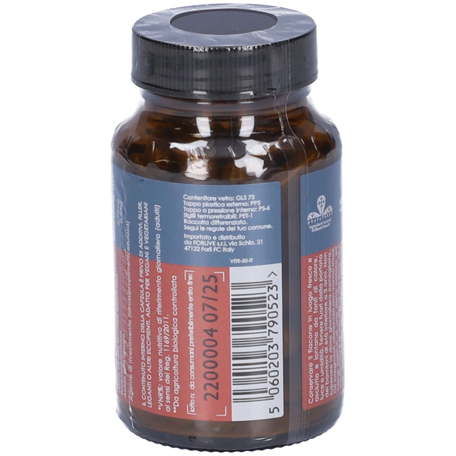 Flacone di vetro marrone con tappo nero. Etichetta con informazioni e testo. Marca: Terra Nova. Codice a barre.