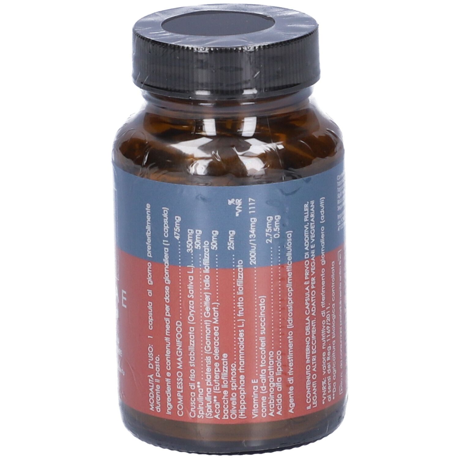 Flacone di vetro marrone con tappo nero. Etichetta con informazioni e testo. Marca: Terra Nova. Ingredienti.