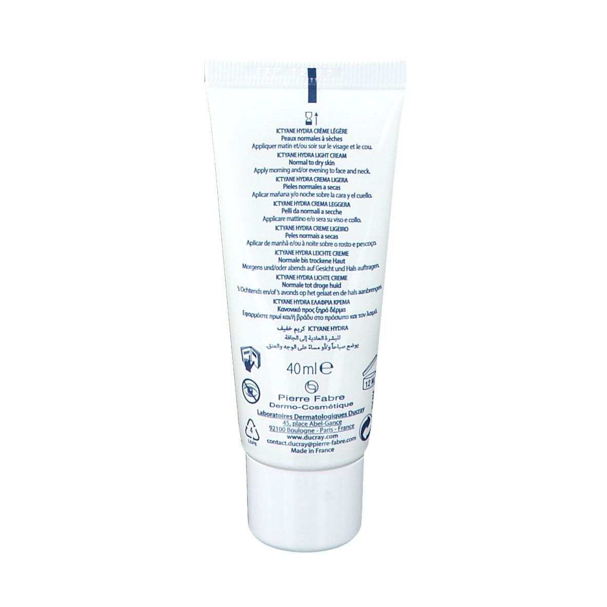 Retro del tubo. Scritta: ICTYANE HYDRA Crème Légère Visage. Istruzioni per l'uso multilingue.