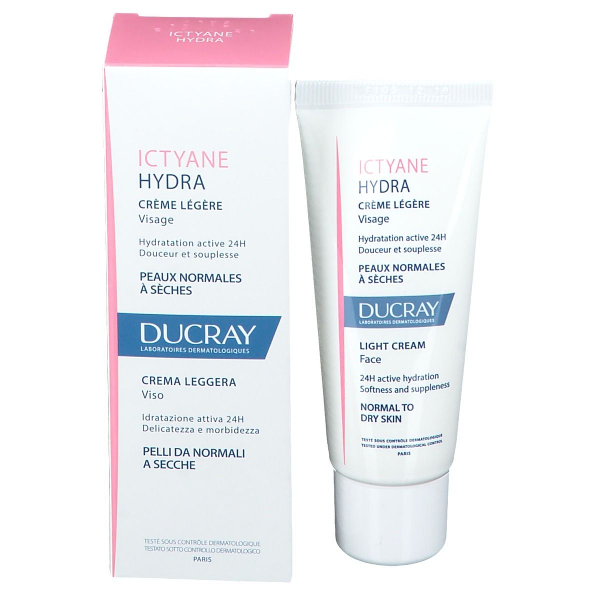 Confezione prodotto con tubo e scatola. Scritta ICTYANE HYDRA, Crème Légère Visage. Marchio DUCRAY.