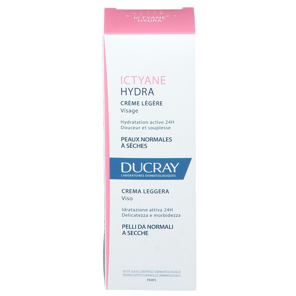 Scatola con scritta ICTYANE HYDRA, Crème Légère Visage. Per pelli normali a secche. Marchio DUCRAY.