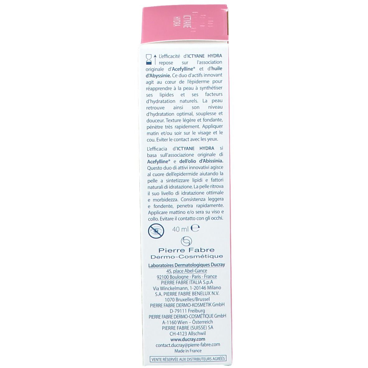 Retro della confezione. Scritta: ICTYANE HYDRA Crème Légère Visage. Ingredienti e utilizzo.