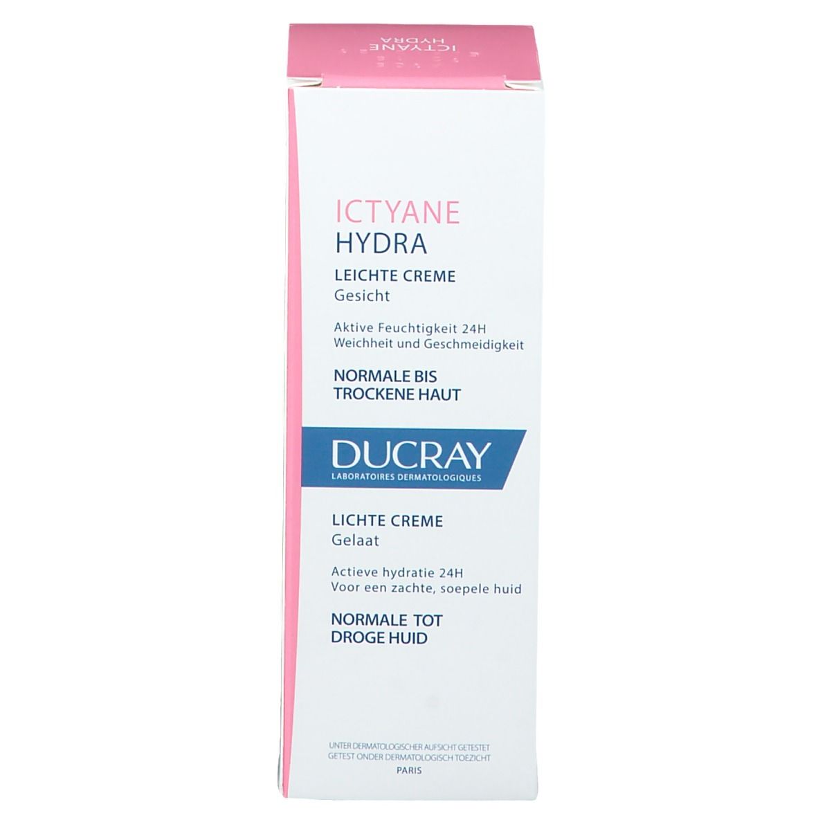 Scatola con scritta ICTYANE HYDRA, Crema Leggera Viso. Per pelli normali a secche. Marchio DUCRAY.