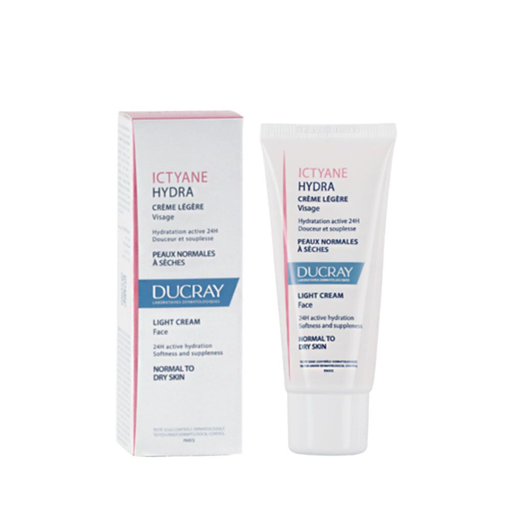 Confezione prodotto con tubo e scatola. Scritta ICTYANE HYDRA, Crème Légère Visage. Marchio DUCRAY.