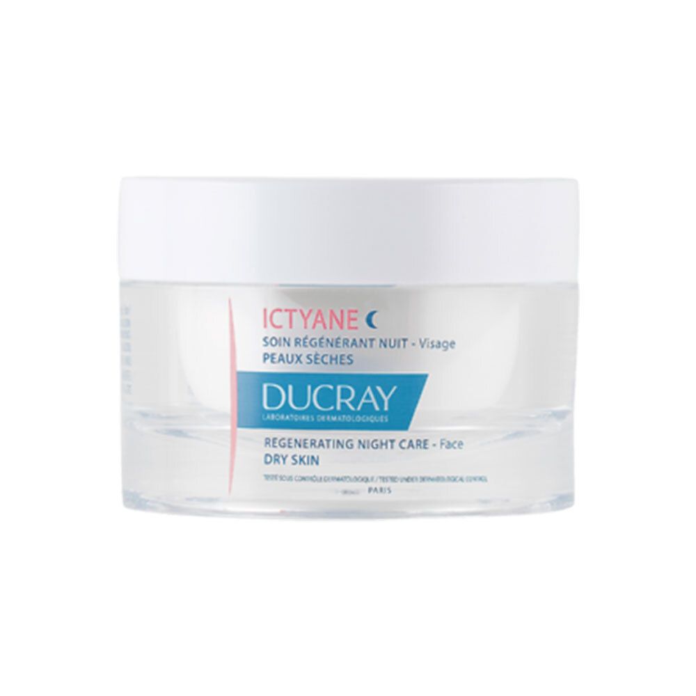 Pot de crème avec couvercle blanc. Inscription: ICTYANE, DUCRAY. Soin régénérant nuit pour peaux sèches.