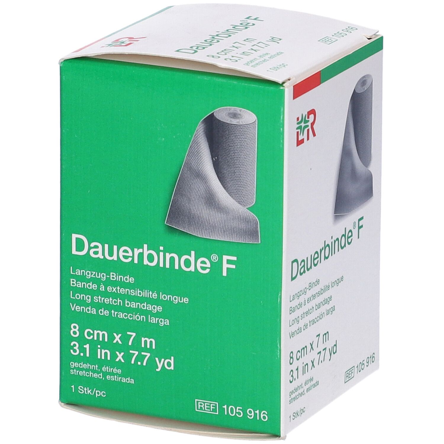 Confezione verde e bianca di Benda Elastica Dauerbinde F. Nome e dimensioni del prodotto visibili.