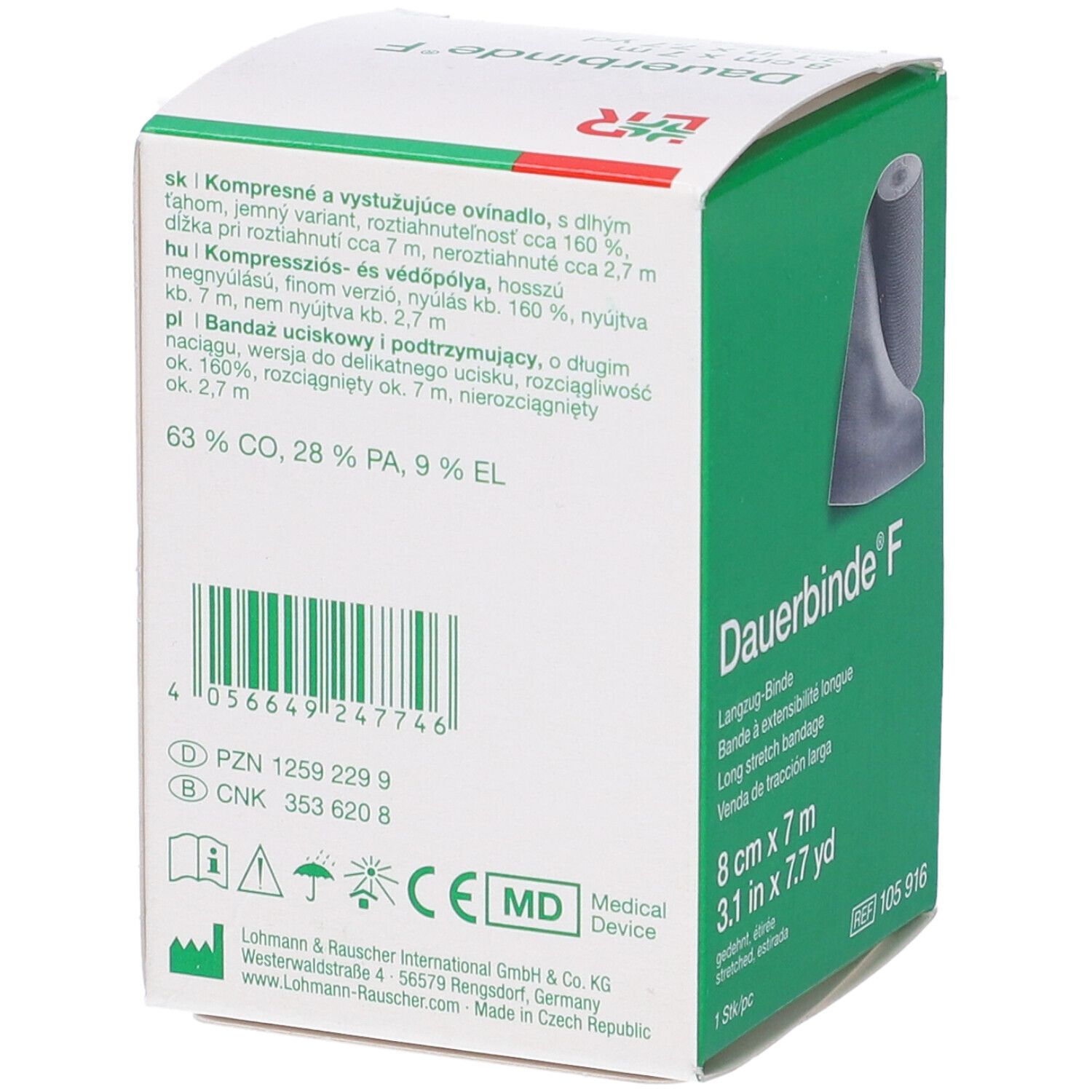 Retro della confezione di Benda Elastica Dauerbinde F. Informazioni testuali e marchio CE.