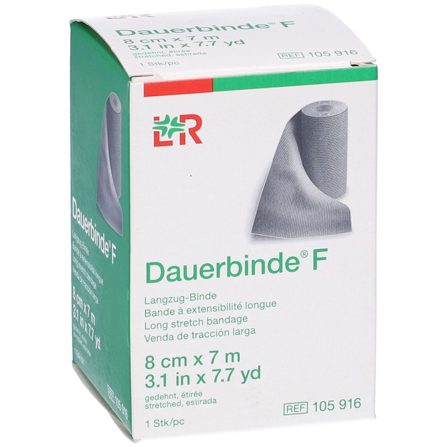 Vista obliqua della confezione di Benda Elastica Dauerbinde F. Nome e logo del prodotto in evidenza.