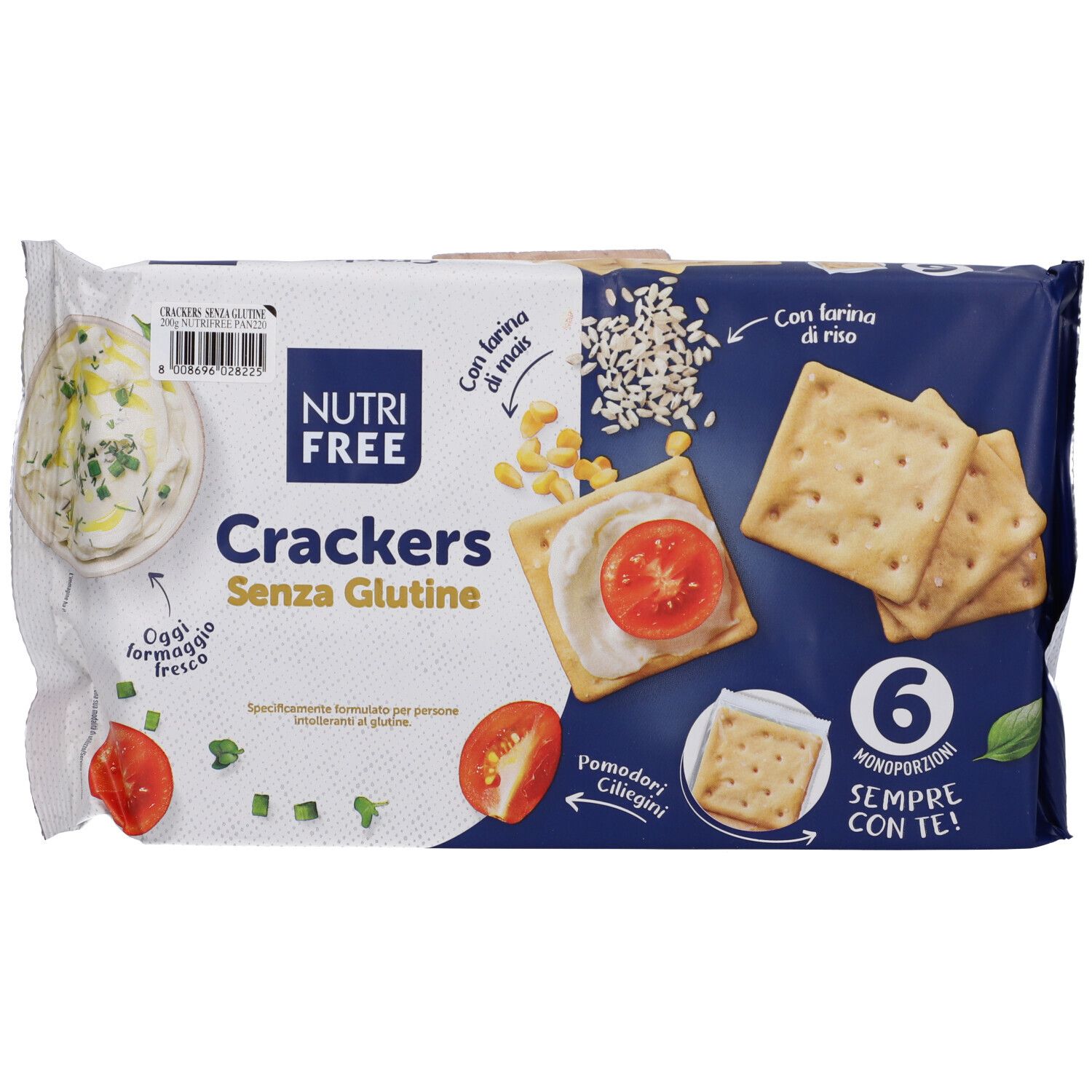 Confezione di cracker Nutrifree senza glutine. Scritta '6 Monoporzioni'. Immagine di pomodori e formaggio.